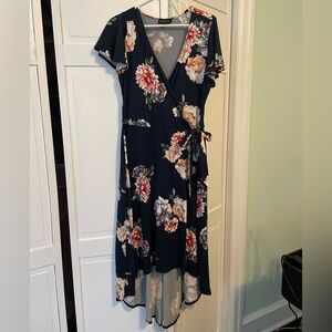 Floral Faux Wrap Dress in Navy
